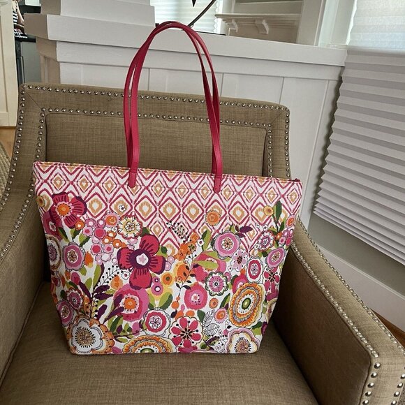 Vera Bradley Clementine Vinyl Zipper Beach Pattern Play Tote Floral Pink Orange - Picture 2 of 10